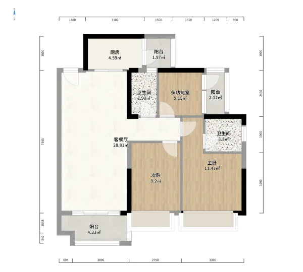 欧雅春天御府3室2厅1厨2卫户型彩平图