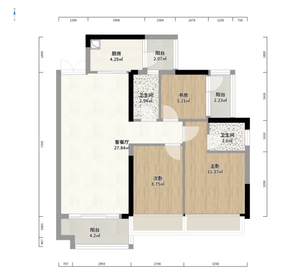 欧雅春天御府3室2厅1厨2卫户型彩平图